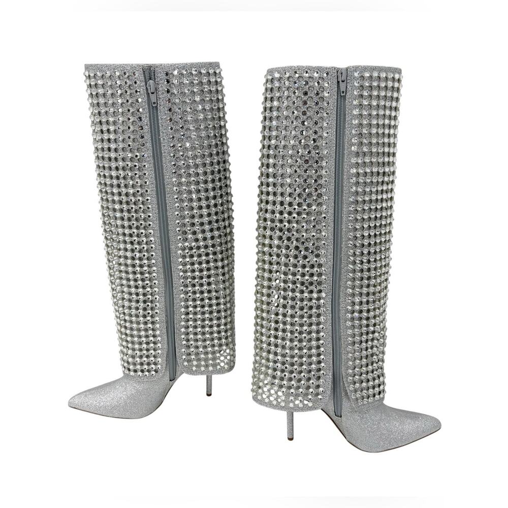 Gianni Bini Lowry Rhinestone Foldover Tall Boots Silver Glitter Zipper Size 7 - Picture 8 of 12